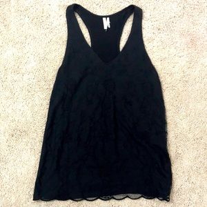 Black razor-back tank top with lace detailing on front.